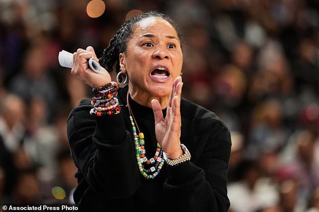 FILE - South Carolina head coach Dawn Staley reacts during the second half of an NCAA college basketball game against Texas in the final of the Southeastern Conference tournament, March 8, 2026, in Greenville, S.C. (AP Photo/Chris Carlson, File)