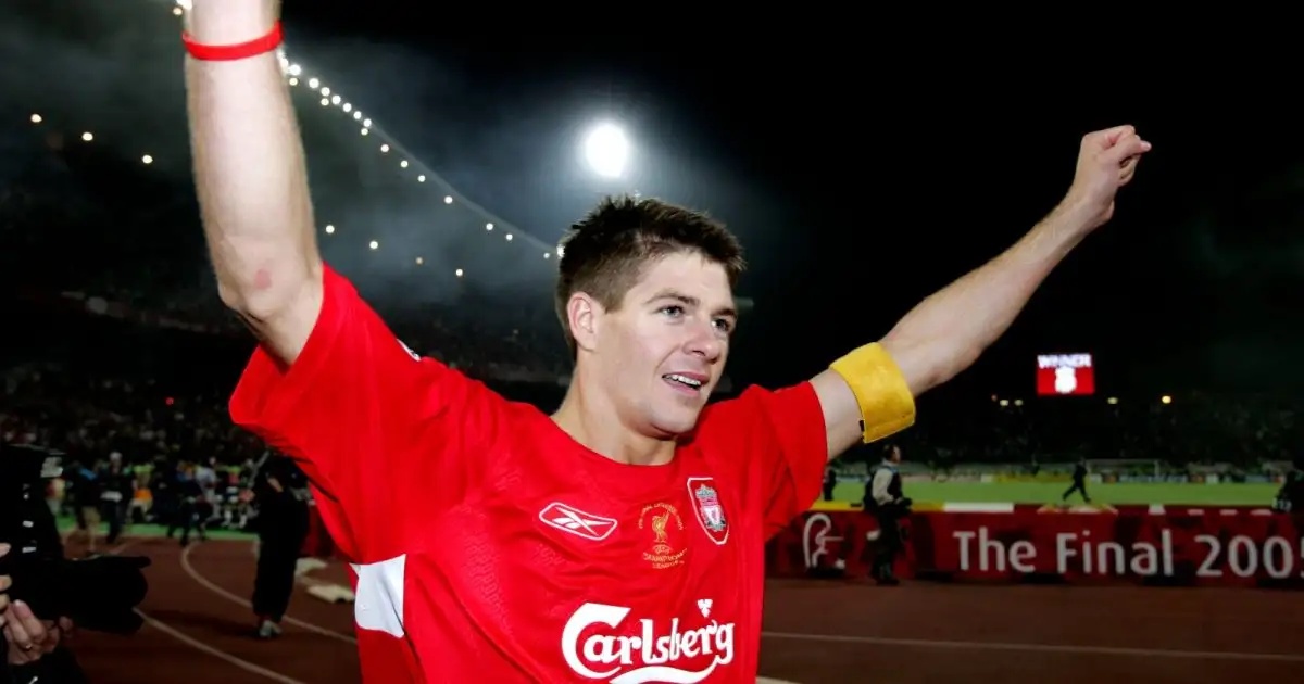 Liverpool captain Steven Gerrard celebrates after victory in the UEFA Champions League final over AC Milan at Ataturk Stadium, Istanbul, Turkey, May 2005.