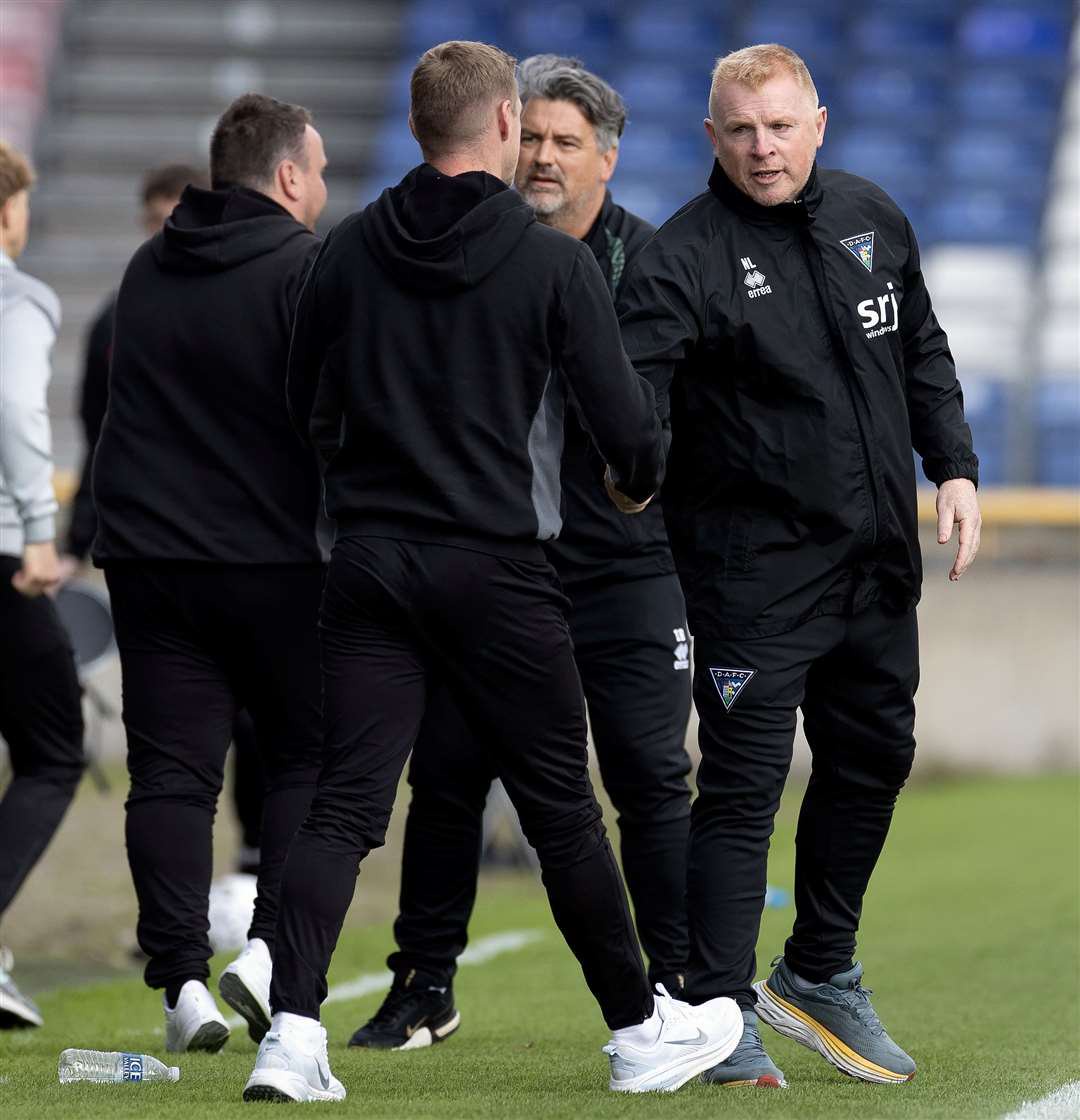 Dunfermline manager Neil Lennon at the end shakes hands with ICT head coach and assistant manager Scott Kellacher and Billy Mckay. Picture: Ken Macpherson