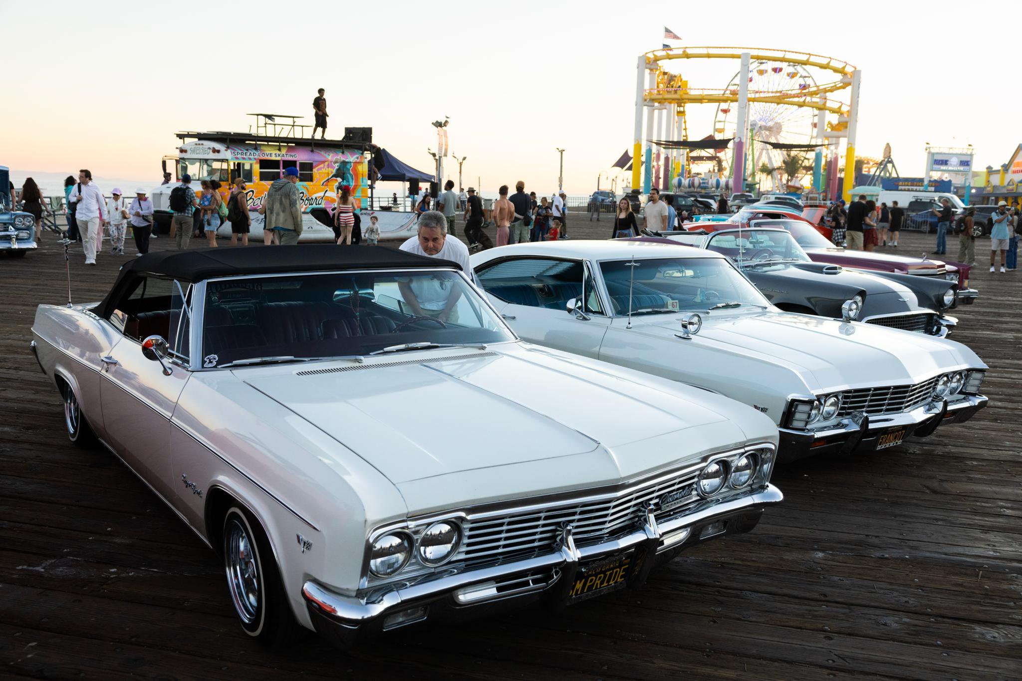 Classic cars on display during Locals Night at the Santa Monica Pier.