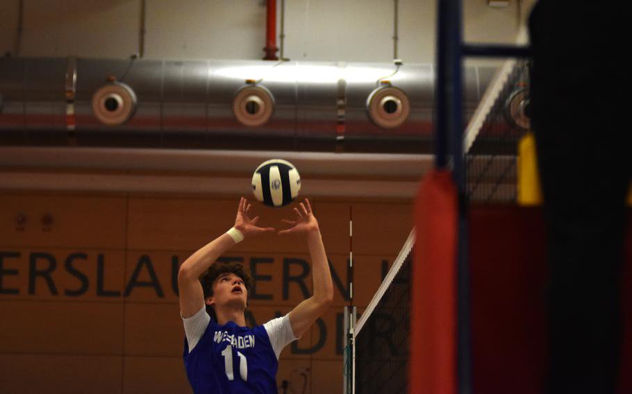 Wiesbaden’s Ty Waldron sets the ball in semifinal play on Friday, Oct. 30, 2026, at Kaierslautern High School, Germany. Stuttgart advanced to the 2026 DODEA European boys’ Division I volleyball match on Saturday to face SHAPE.