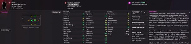 Christian Eriksen's in-game profile on Football Manager 2022.