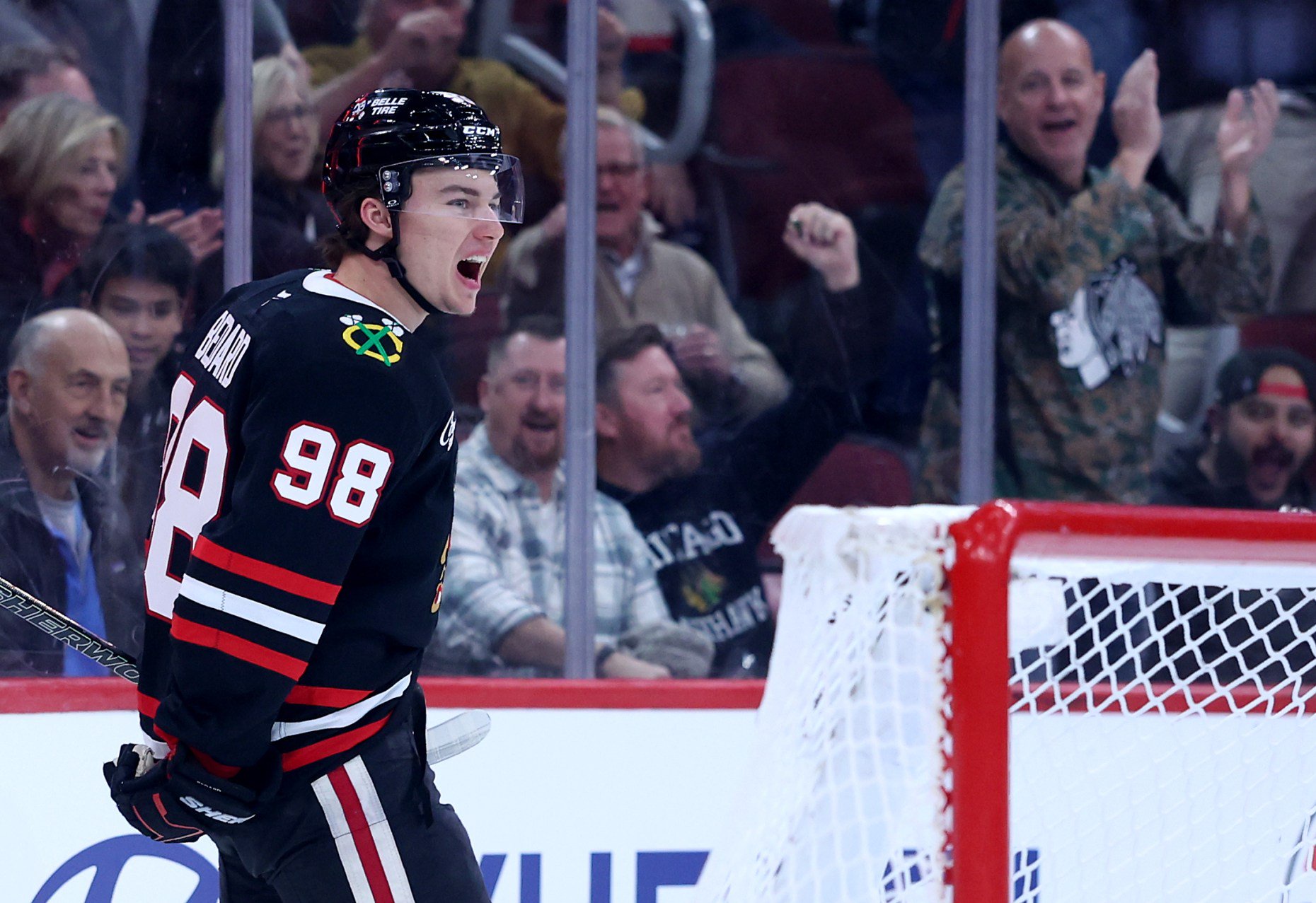 Chicago Blackhawks center Connor Bedard (98) celebrates after scoring a goal in the first period of a game against the Montréal Canadiens at the United Center in Chicago on Oct. 23, 2026. (Chris Sweda/Chicago Tribune)