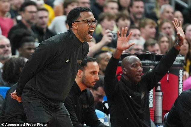 FILE -Miami head coach Jai Lucas yells from the sidelines during the first half in the first round of the NCAA college basketball tournament against Missouri, Friday, March 20, 2026, in St. Louis. (AP Photo/Jeff Roberson, File)