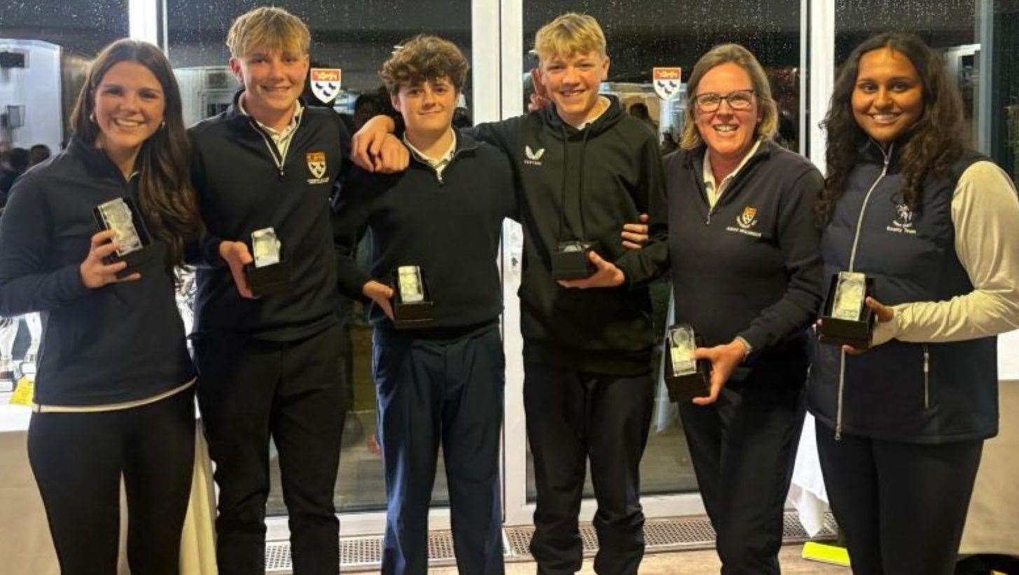 From left, Canterbury Golf Club’s JEKL Jamboree winners: Georgina Carlotti, Ben Holcroft (captain), Callum Ferrett, Louis Garvey, Elizabeth Carlotti (juniors organiser) and Sanjana Gullipalli