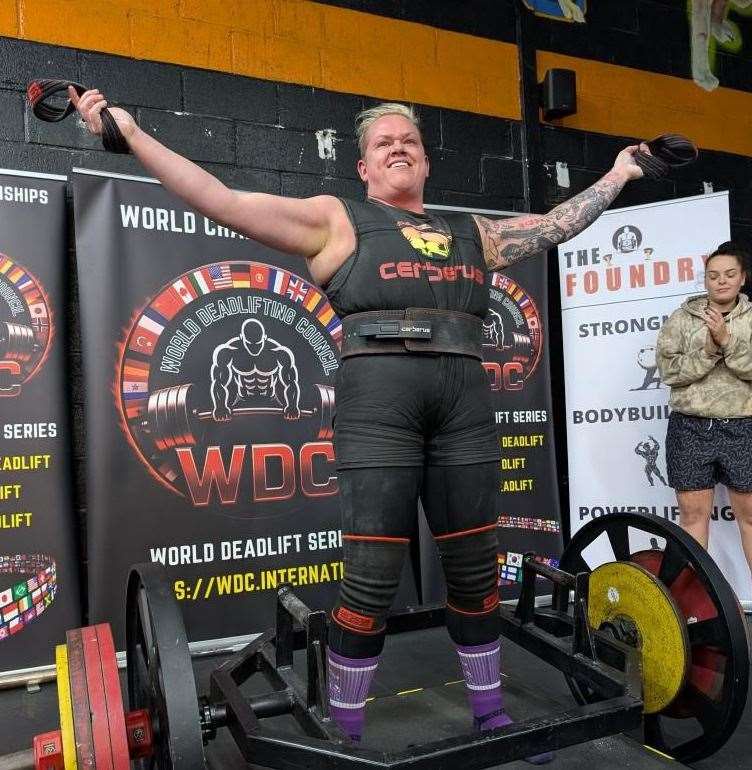 World record holder: Shauna celebrates breaking a record in the trap bar deadlift.