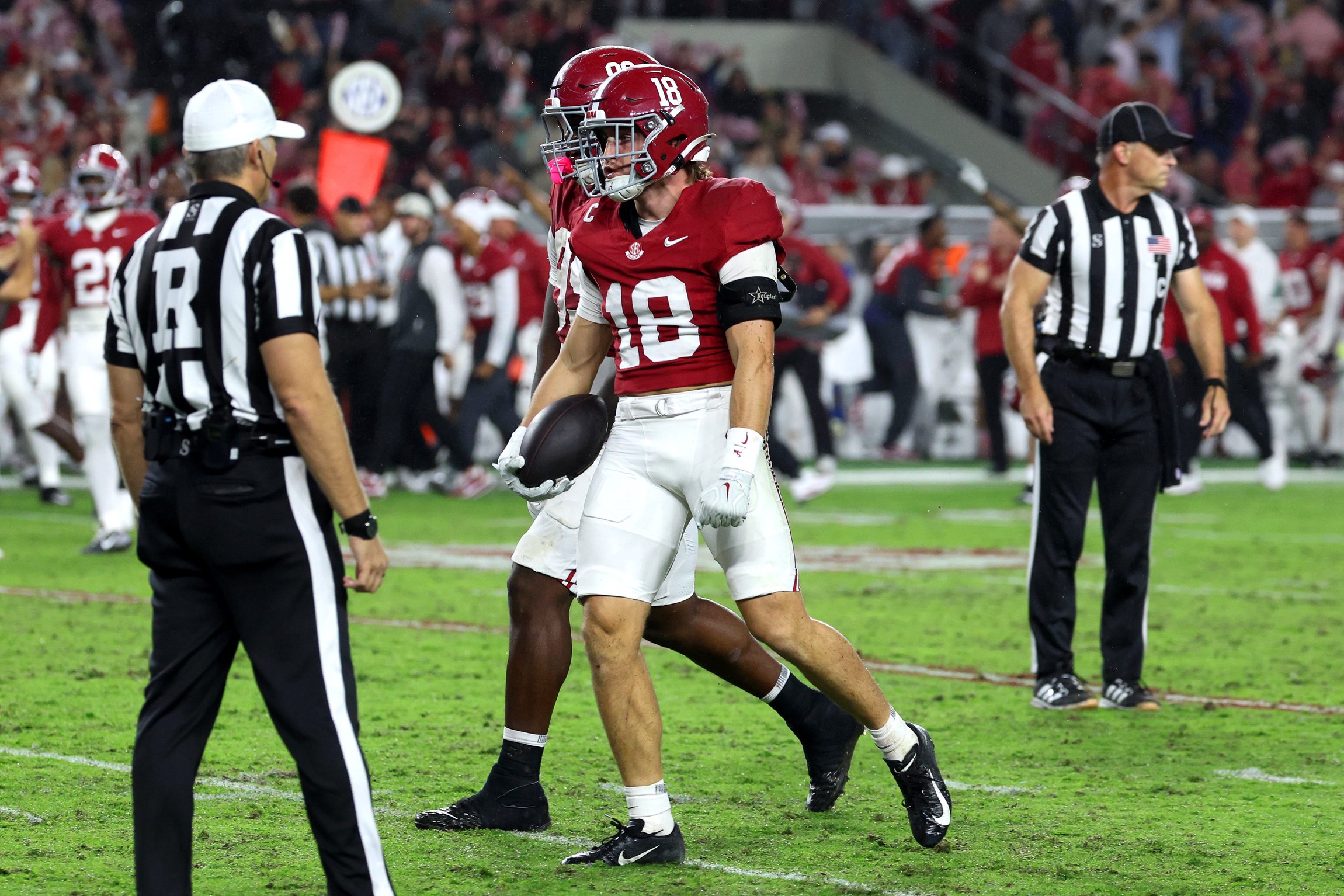 Oct 10, 2026; Tuscaloosa, Alabama, USA; Alabama Crimson Tide defensive back Bray Hubbard (18) celebrates his interception during the second quarter against the Georgia Bulldogs at Saban Field at Bryant-Denny Stadium. Mandatory Credit: David Leong-Imagn Images