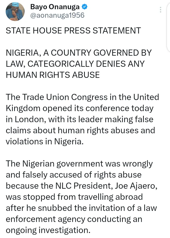 Bayo Onanuga Reacts After UK Trade Union Congress Condemned Nigerian Govt Over Joe Ajaero’s Arrest