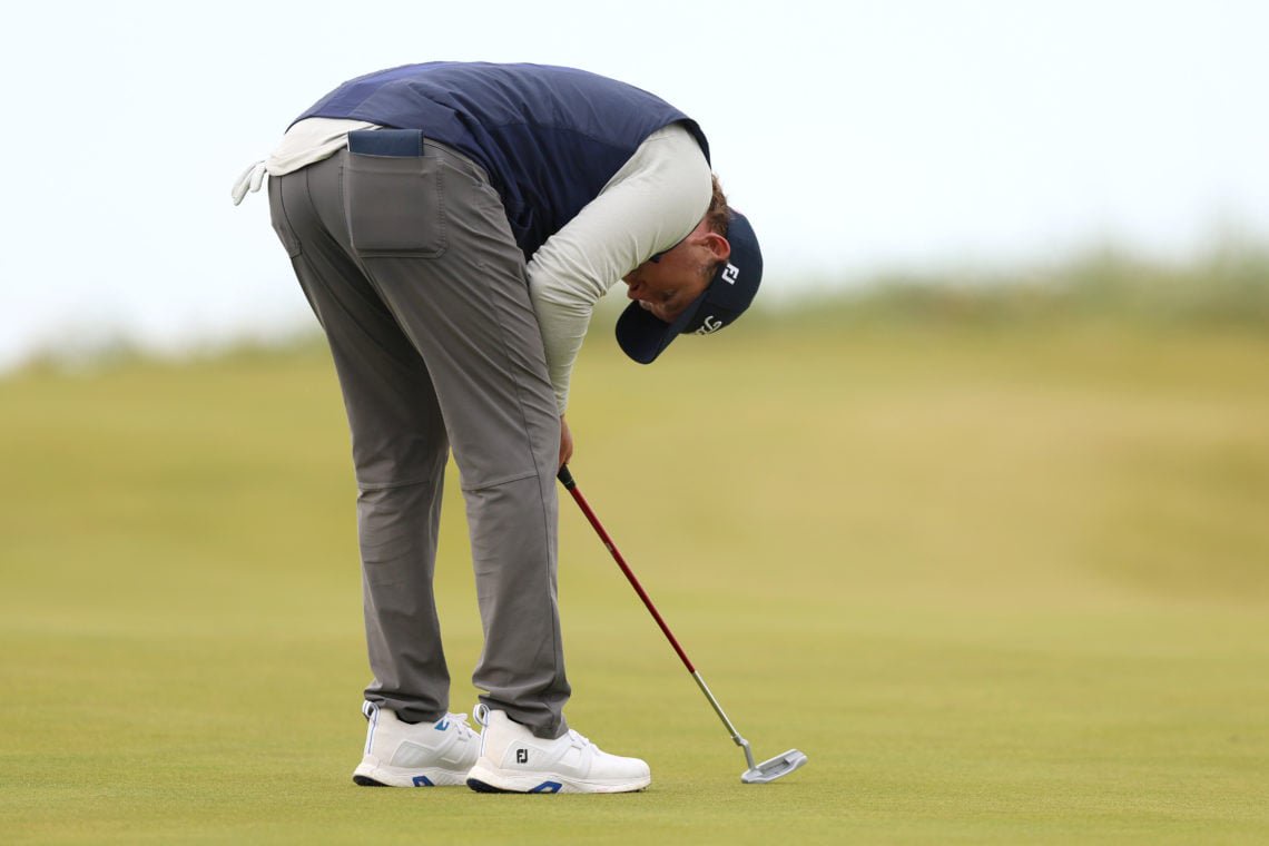 Eddie Pepperell reacts on the 15th green during day two of the Alfred Dunhill Links Championship 2024 at Kingsbarns Golf Links