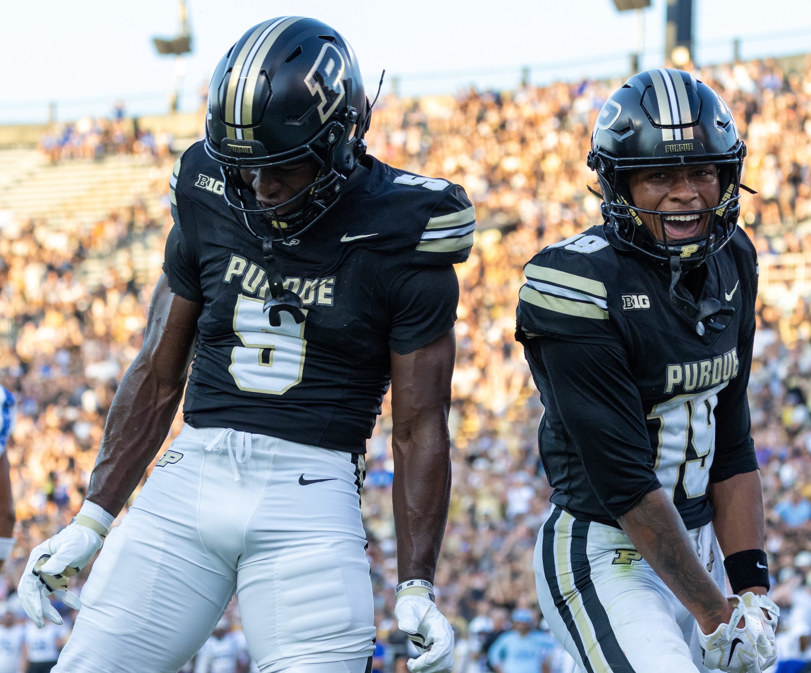 Purdue's Chauncey Magwood (left) and Asaad Waseem (right) celebrate after a touchdown on Friday, Sept. 4, 2026, during the NCAA football game between the Purdue Boilermakers and the Indiana State Sycamores at Ross-Ade Stadium in West Lafayette, Ind.