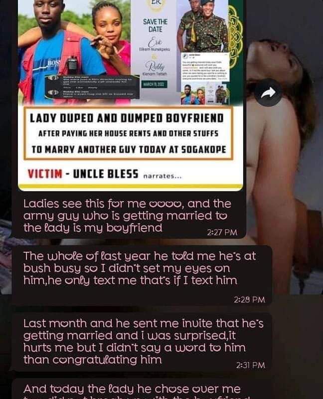 "The Man is also my boyfriend"- Lady comes out to expose the military man who just married Uncle Bless's girlfriend.