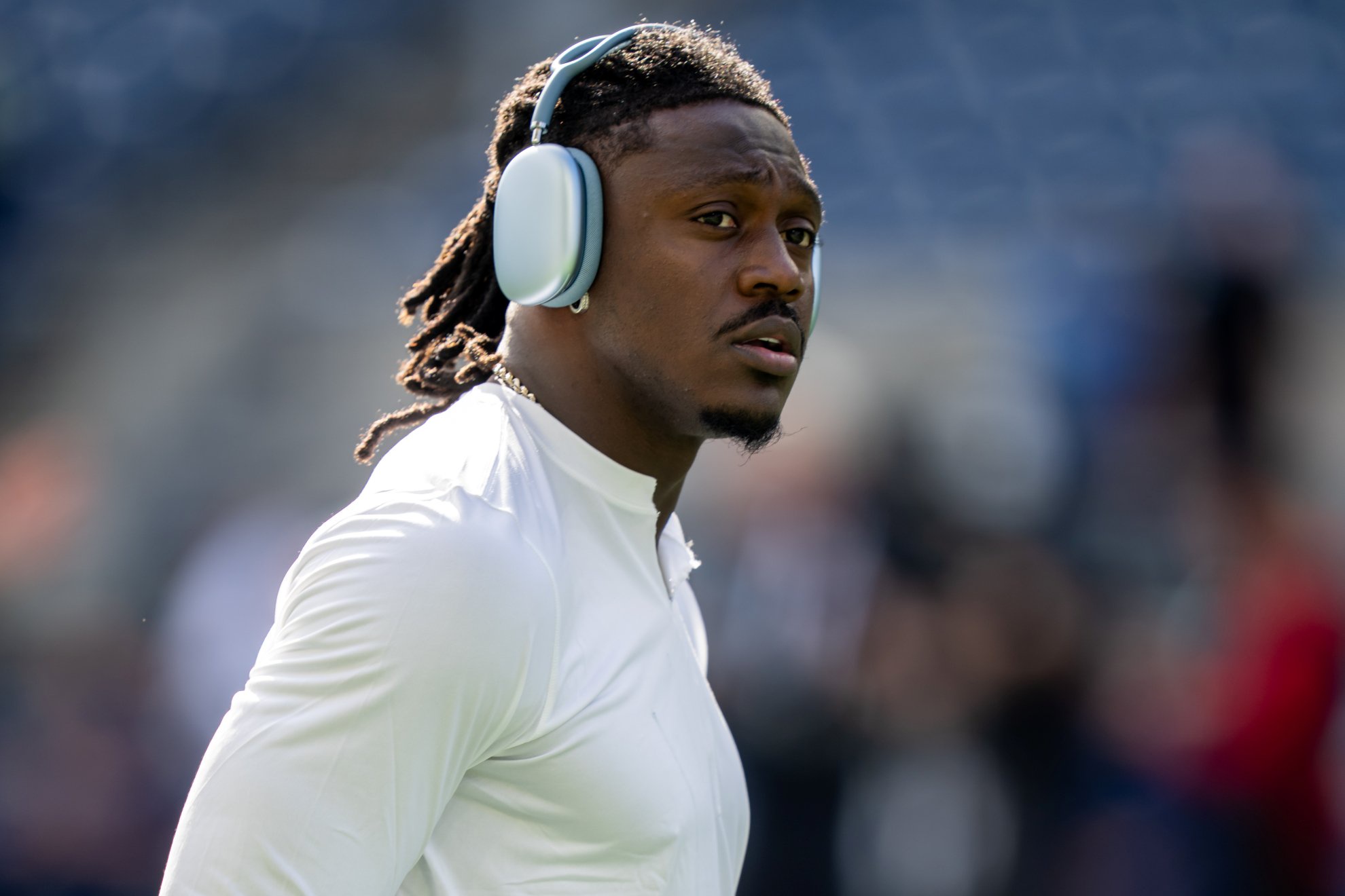 New England Patriots wide receiver A.J. Brown looks on during warmups before an NFL football game