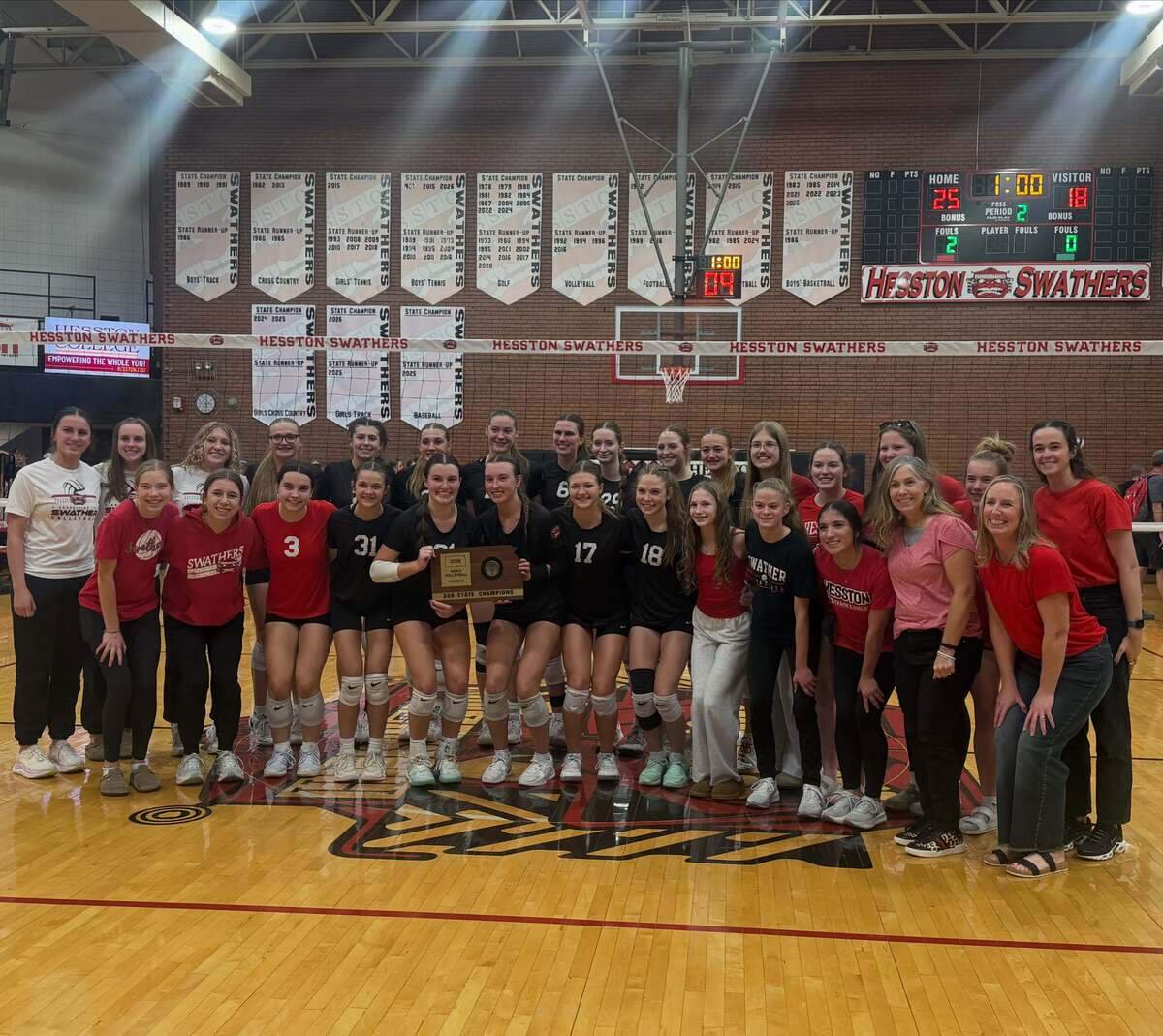 The Hesston volleyball team celebrates its Class 3A sub-state championship Saturday, punching its ticket to the state tournament for the second straight year. The Swathers (35-3) enter state riding a 27-match winning streak under first-year coach Jessanna Schumann.