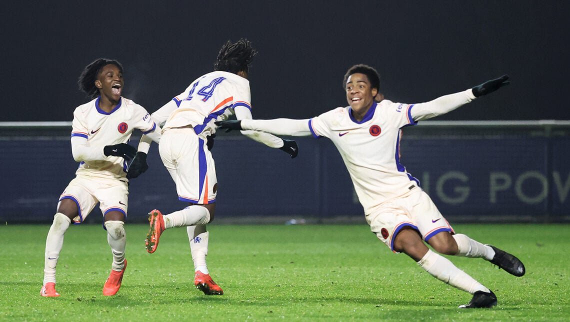 Kobe Barbour of Chelsea is congratulated on scoring his teams third goal during the FA Youth Cup 3rd Round match between Leicester City U18 and Chelsea U18
