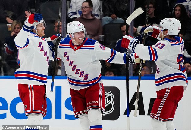 New York Rangers' Tye Kartye, left, celebrates after his goal against the Toronto Maple Leafs with Pavel Dorofeyev (16) and Adam Fox (23) during the second period of an NHL hockey game in Toronto, Thursday, Oct. 22, 2026. (Frank Gunn/The Canadian Press via AP)