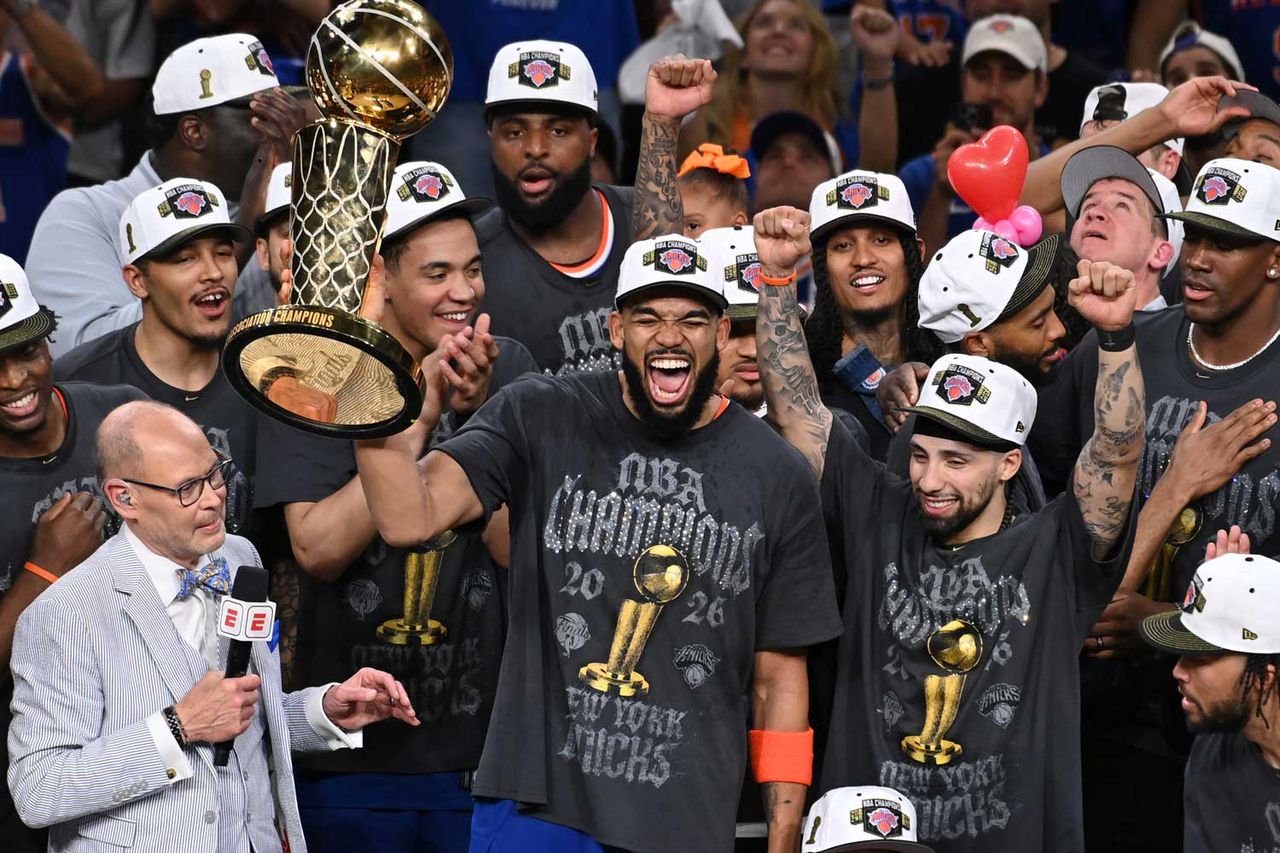 The New York Knicks celebrates with the Larry O’Brien Championship Trophy after winning the 2026 NBA Finals on June 13, 2026Credit: Juan Ocampo/NBAE via Getty
