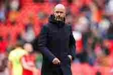 Erik ten Hag, manager of Manchester United, looks dejected as he leaves the pitch at full-time during the Premier League match between Manchester United and Burnley FC at Old Trafford on April 27, 2024 in Manchester, England