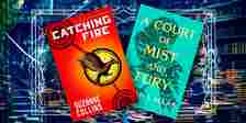 The covers of Catching Fire by Suzanne Collins and A Court of Mist & Fury by Sarah J. Maas against a library background