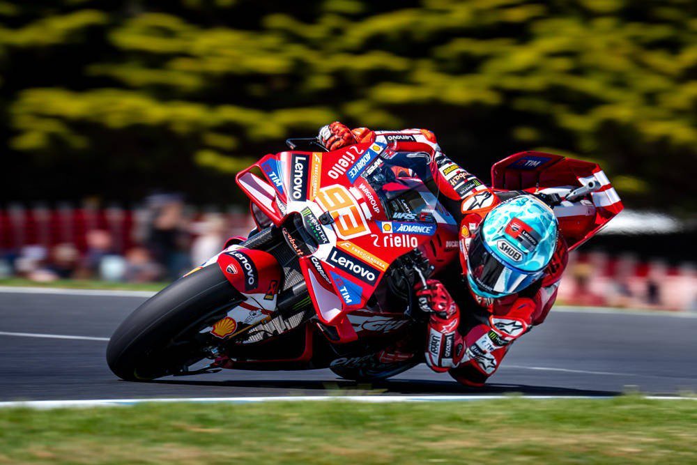 Marc Marquez on his Ducati with winglets, leaning into a corner at Phillip Island during MotoGP practice