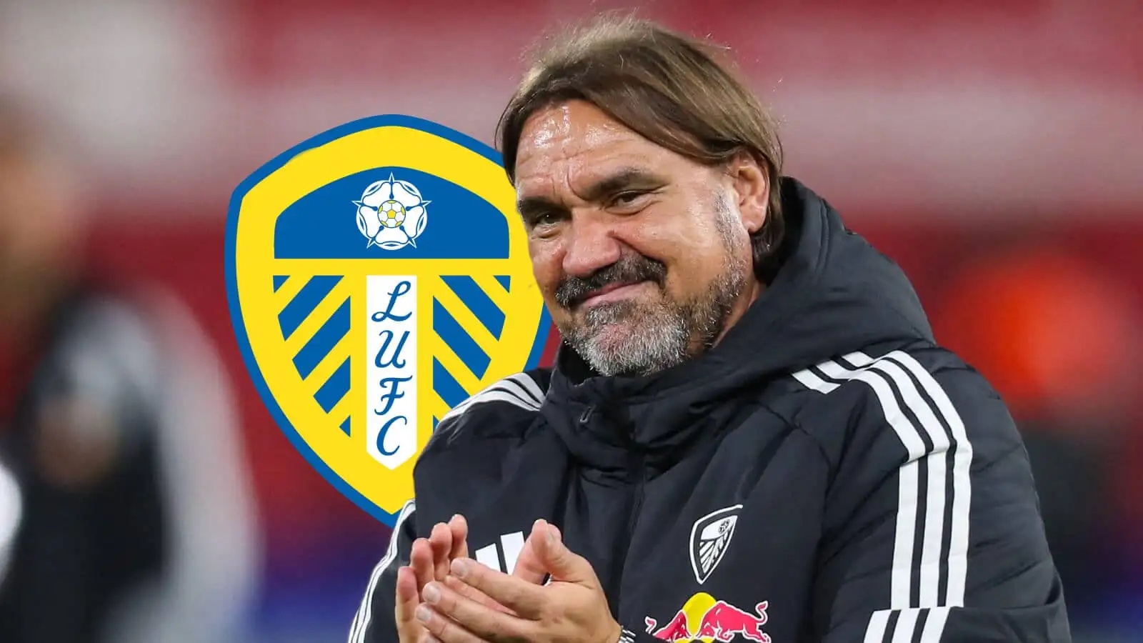 Leeds United badge next to Leeds United manager Daniel Farke - copyright TEAMtalk