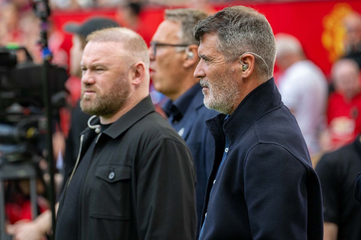 Former Manchester United players and Sky Sports pundits Wayne Rooney and Roy Keane are pitchside ahead of the Premier League match between Manchester United and Arsenal FC at Old Trafford on May 12, 2024 in Manchester, England. 
