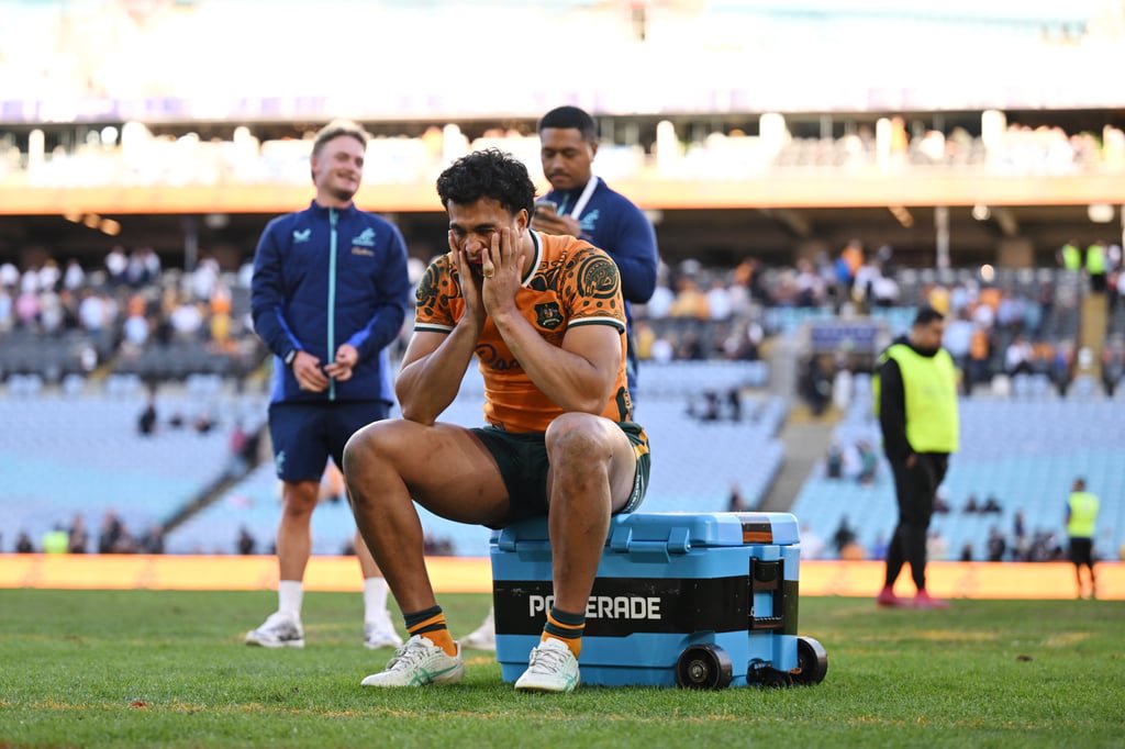 Australian centre Joseph-Aukuso Suaalii cuts a dejected figure after his team’s loss. Photo: EPA