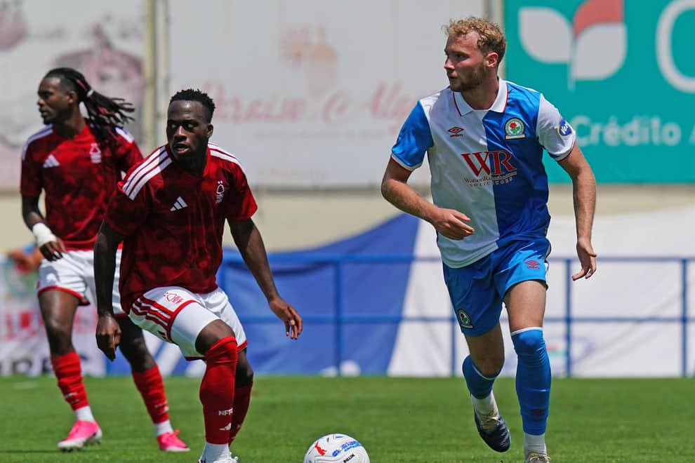 FERREIRAS, PORTUGAL - JULY 22:  Lucas Houghton of Blackburn Rovers FC with Arnaud Kalimuendo of Nottingham Forest FC in action during the Pre-Season Friendly match between Blackburn Rovers and Nottingham Forest at Estadio da Nora on July 22, 2026 in Ferreiras, Portugal.  (Photo by Gualter Fatia/Getty Images)