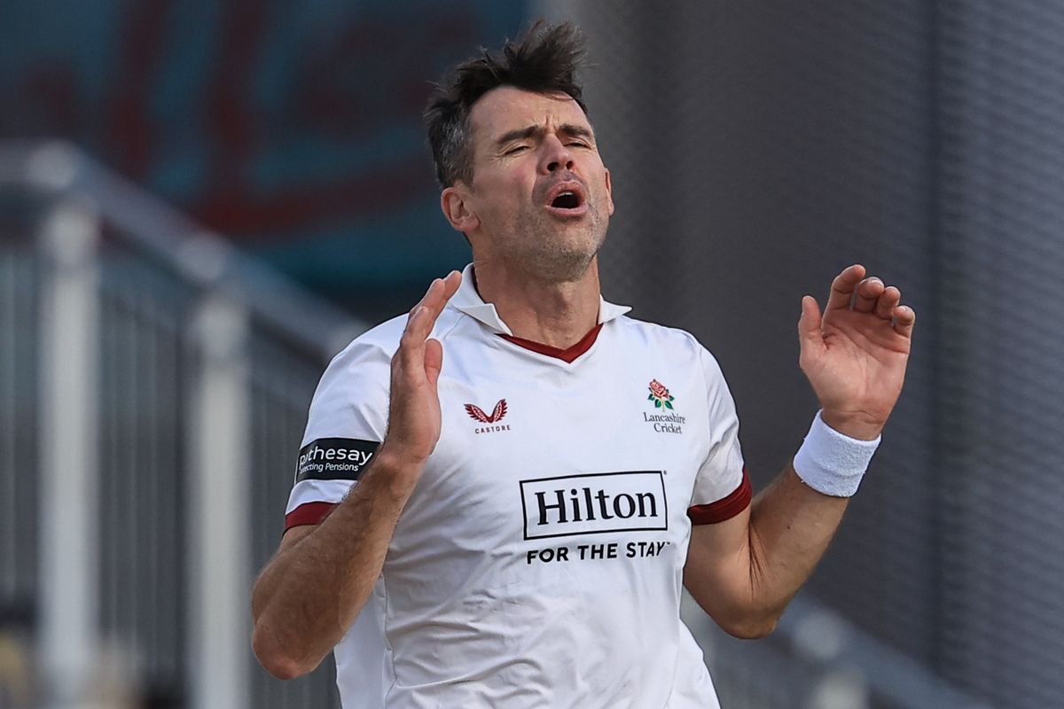 James Anderson of Lancashire bowls during the Rothesay County Championship match between Lancashire and Gloucestershire at Old Trafford in Manchester, on September 8, 2026. (Photo by Chris Donnelly/MI News/NurPhoto via Getty Images)