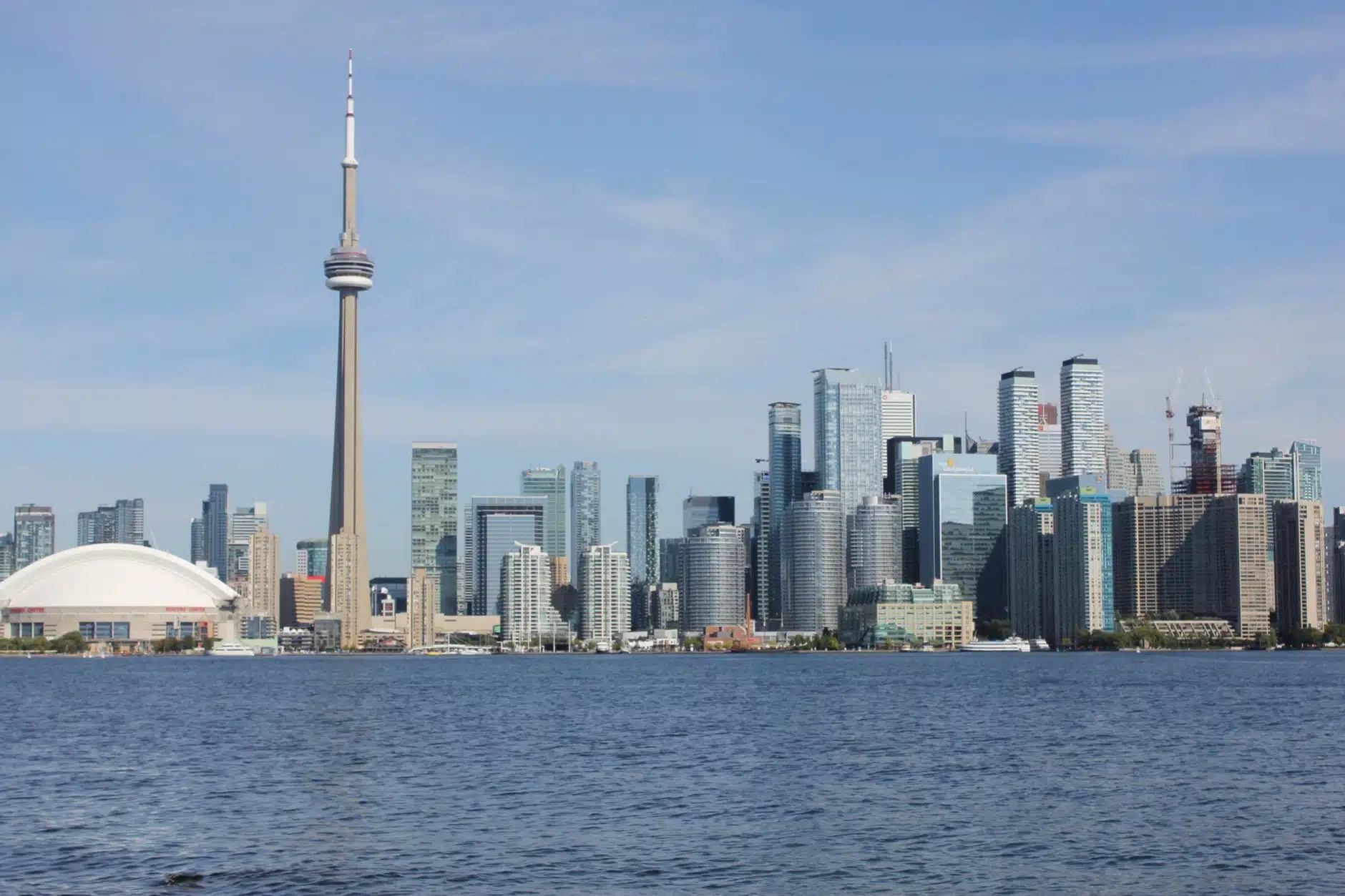 Toronto skyline with the CN Tower seen across Lake Ontario on a clear day