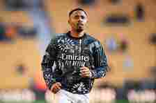 Gabriel Jesus of Arsenal looks on as he warms up prior to the Premier League match between Wolverhampton Wanderers and Arsenal FC at Molineux on Ap...