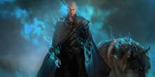 Solas lit up with blue magic and a wolf at his side in Dragon Age 4