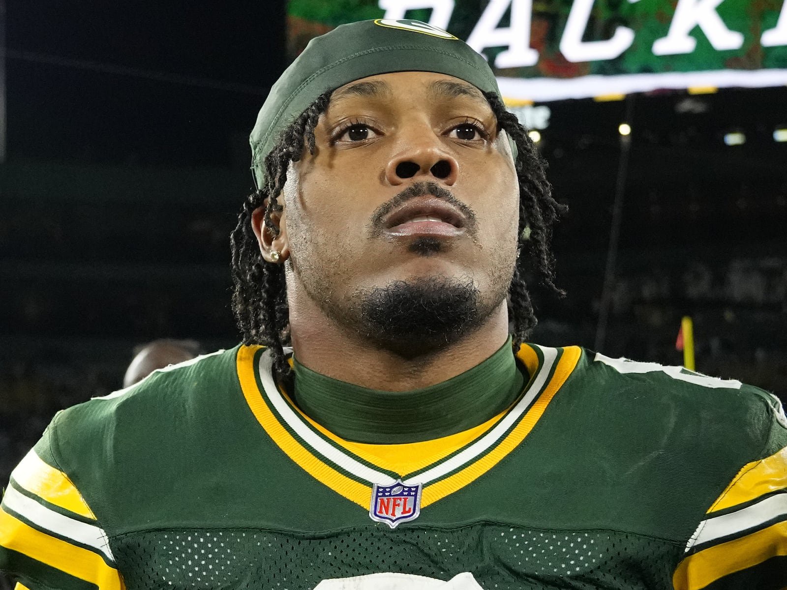 Oct 29, 2026; Green Bay, Wisconsin, USA;  Green Bay Packers running back Josh Jacobs (8) reacts after the game against the Carolina Panthers at Lambeau Field.  Mandatory Credit: Jeff Hanisch-Imagn Images