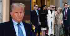 Left: Former President Donald Trump is seen on October 18, 2023 outside the New York State Supreme Courthouse during his civil fraud case in New York City. (NYC) File Photo by: zz/Andrea Renault/STAR MAX/IPx 2023 10/18/23 / Right: E. Jean Carroll leaving the United States District Courthouse poses for a group photo with her legal team after a jury awarded her $83.3 Million in damages incurred through defamation by Donald Trump. (Photo by Derek French / SOPA Images/Sipa USA)(Sipa via AP Images)