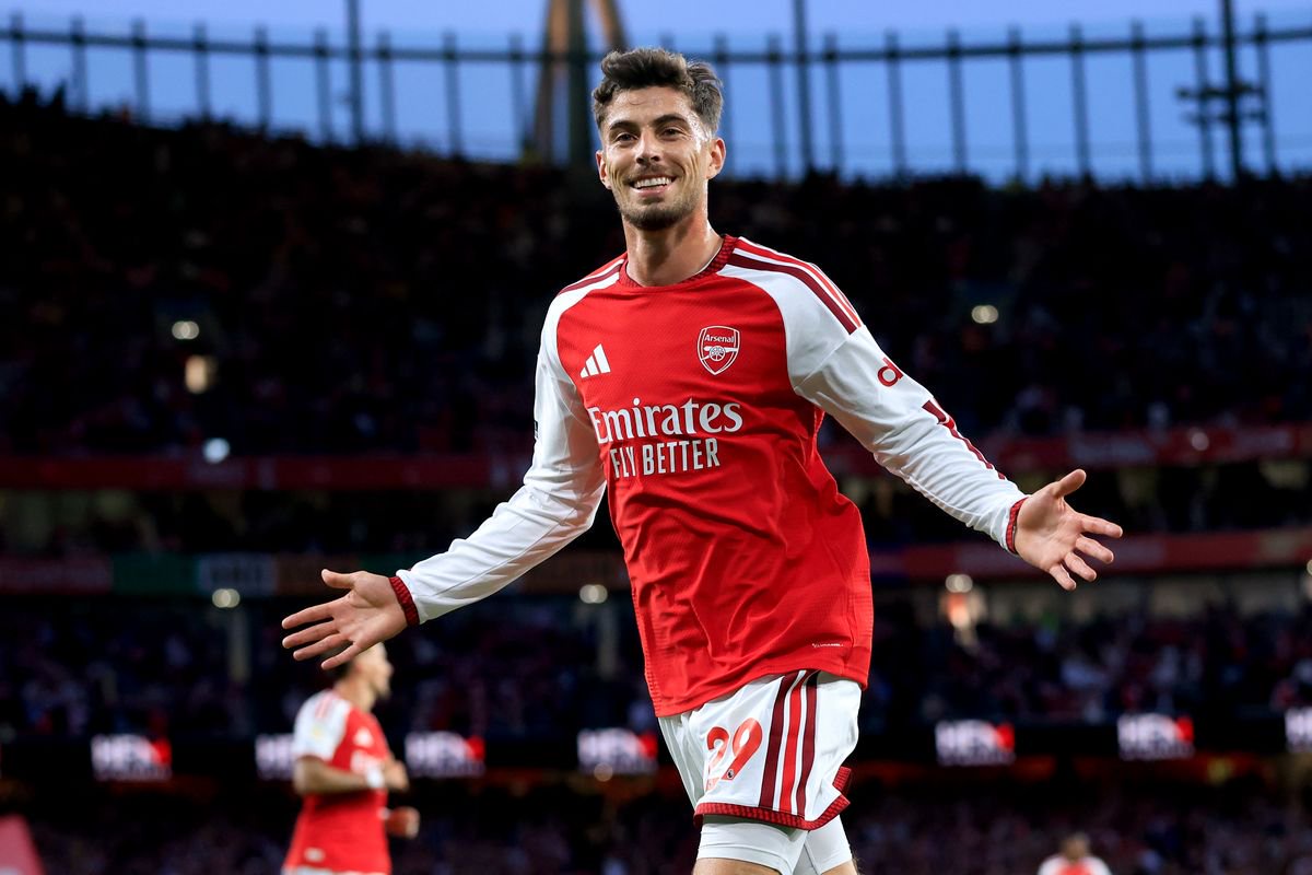 LONDON, ENGLAND - AUGUST 21: Kai Havertz of Arsenal celebrates scoring the opening goal during the Premier League 2026/27 match between Arsenal FC and Coventry City at Emirates Stadium on August 21, 2026 in London, England. (Photo by Nigel French/Sportsphoto/Allstar via Getty Images)