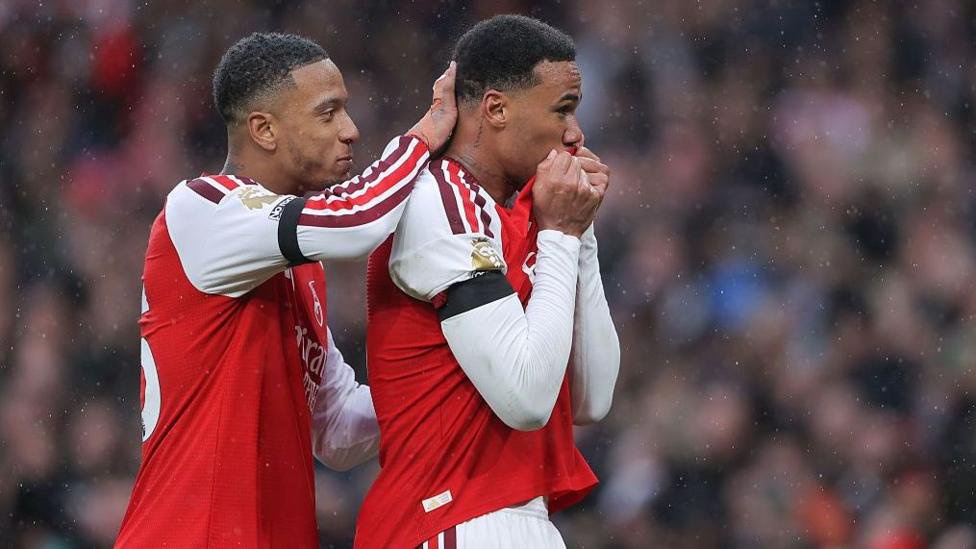 Ezri Konsa and Gabriel celebrate a goal