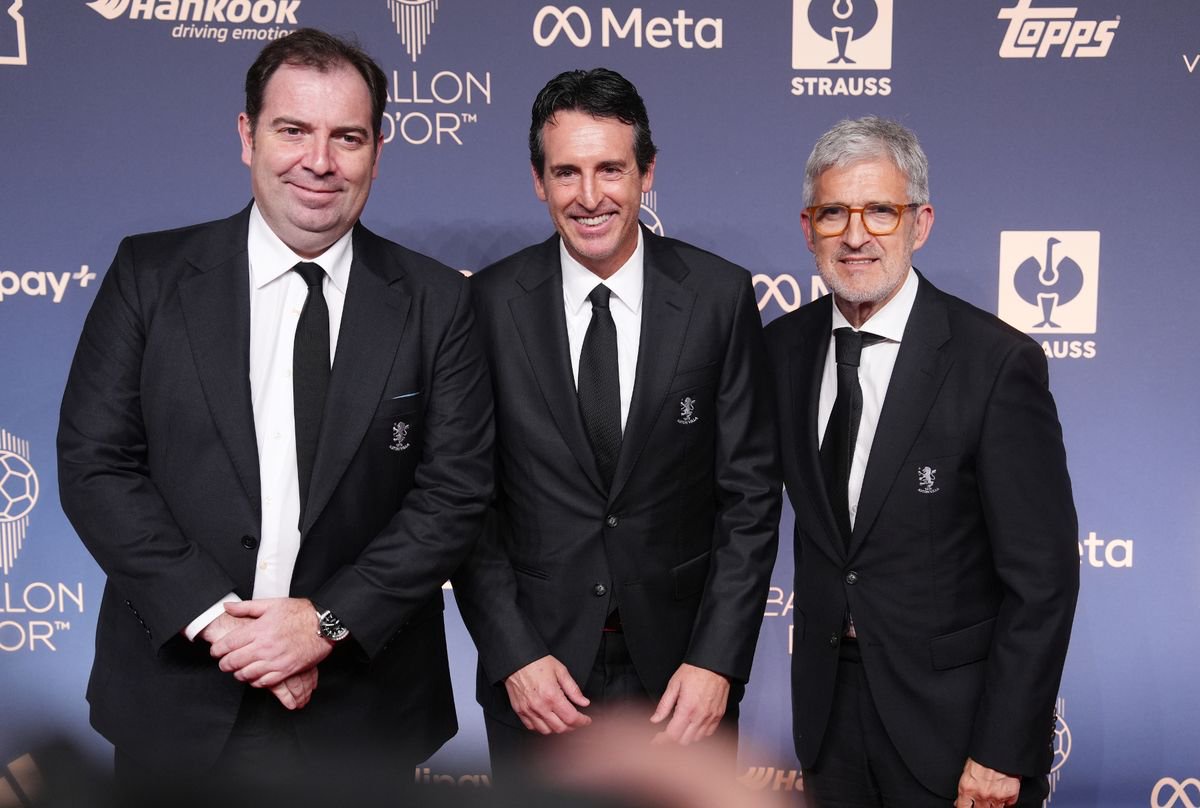 Aston Villa director of football Damian Vidagany, manager Unai Emery and president of football operations Roberto Olabe arriving on the red carpet ahead of the 70th annual Ballon d'Or ceremony at the London Palladium Theatre.
