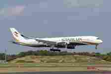 A Starlux Airlines Airbus A350 about to land.
