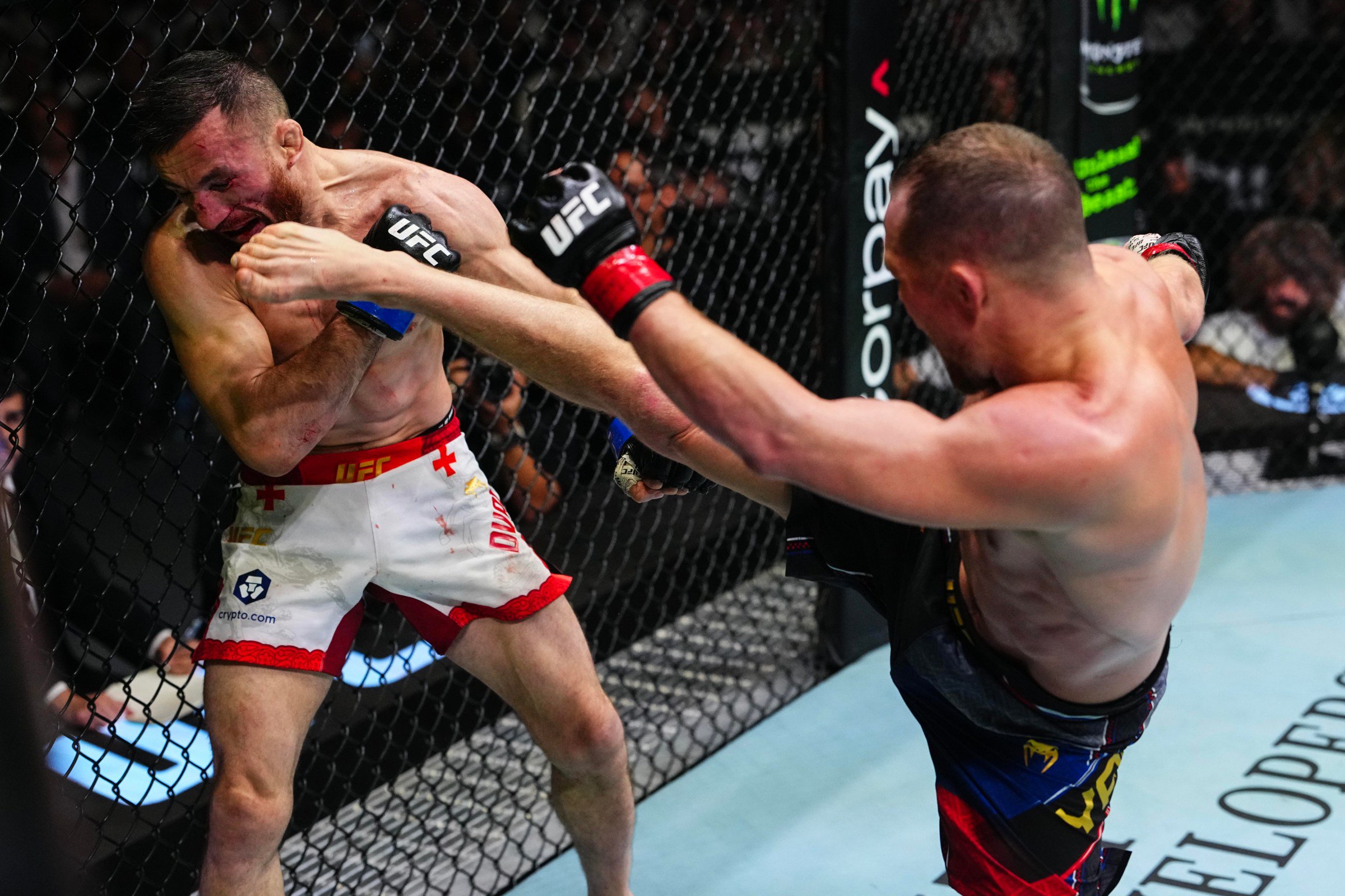 ABU DHABI, UNITED ARAB EMIRATES - OCTOBER 24: Petr Yan of Russia kicks Merab Dvalishvili of Georgia in the UFC bantamweight championship fight during the UFC 333 event at Etihad Arena on October 24, 2026 in Abu Dhabi, United Arab Emirates. (Photo by Jeff Bottari/Zuffa LLC)