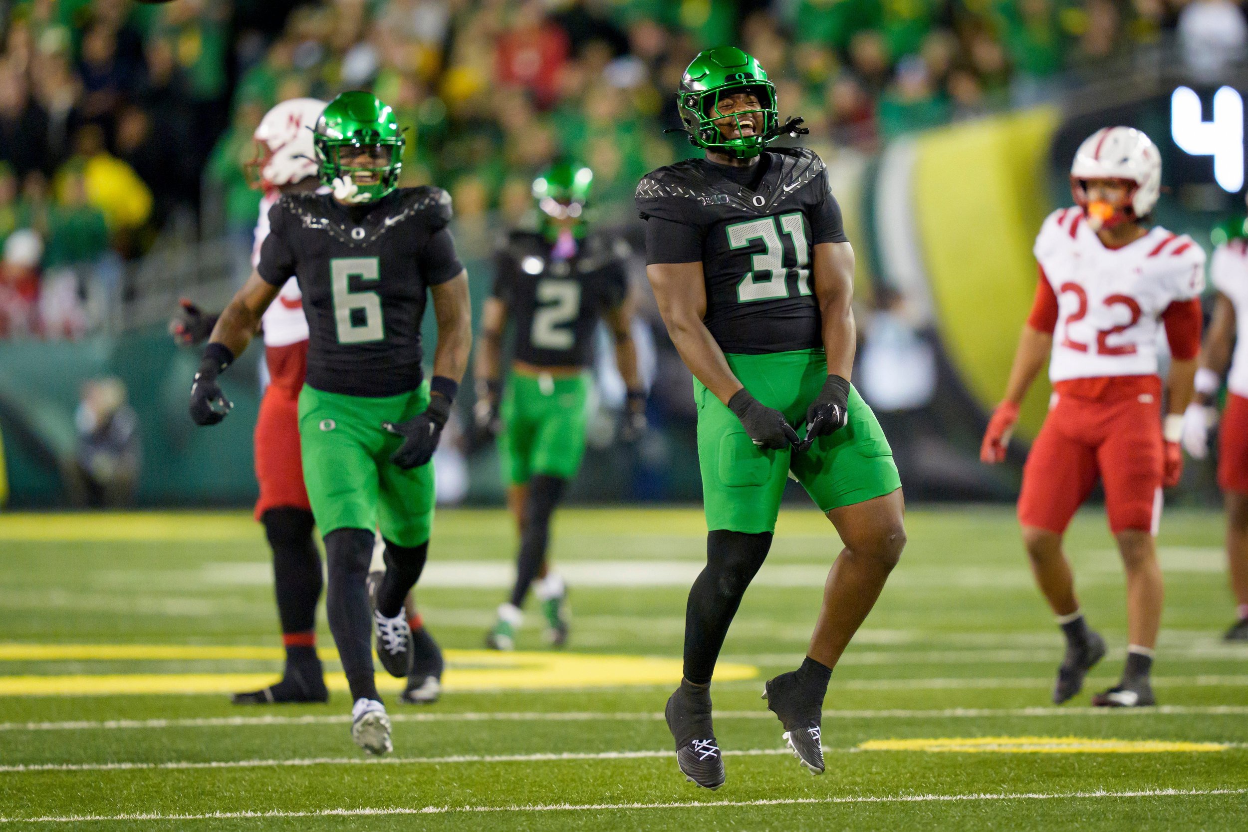 Oregon Ducks outside linebacker Nasir Wyatt celebrates a stop as the Oregon Ducks host the Nebraska Cornhuskers on Oct. 17, 2026, at Autzen Stadium in Eugene, Oregon.