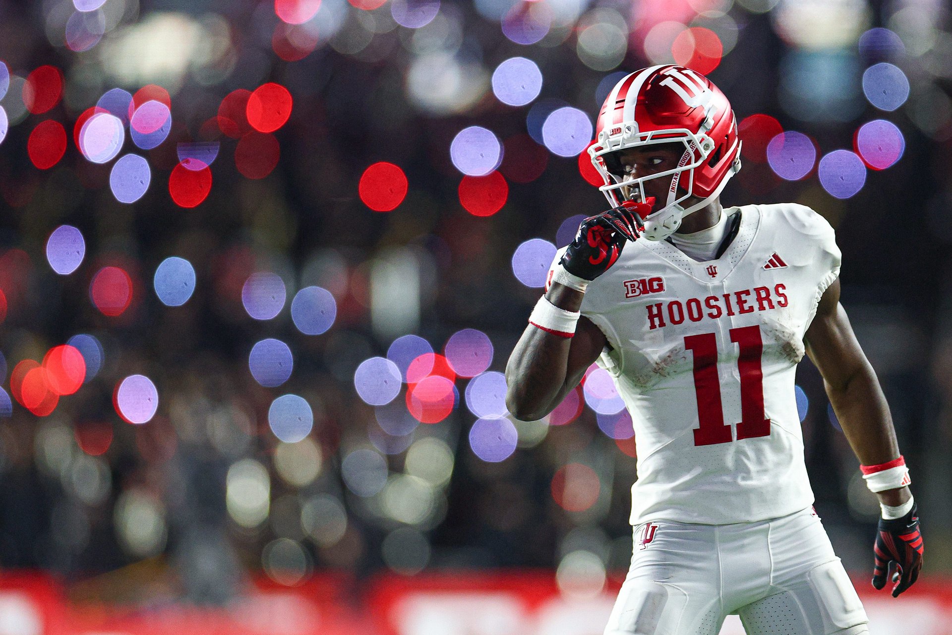 Oct 3, 2026; Piscataway, New Jersey, USA; Indiana Hoosiers wide receiver Nick Marsh (11) in action against the Rutgers Scarlet Knights during the second half at SHI Stadium. Mandatory Credit: Vincent Carchietta-Imagn Images