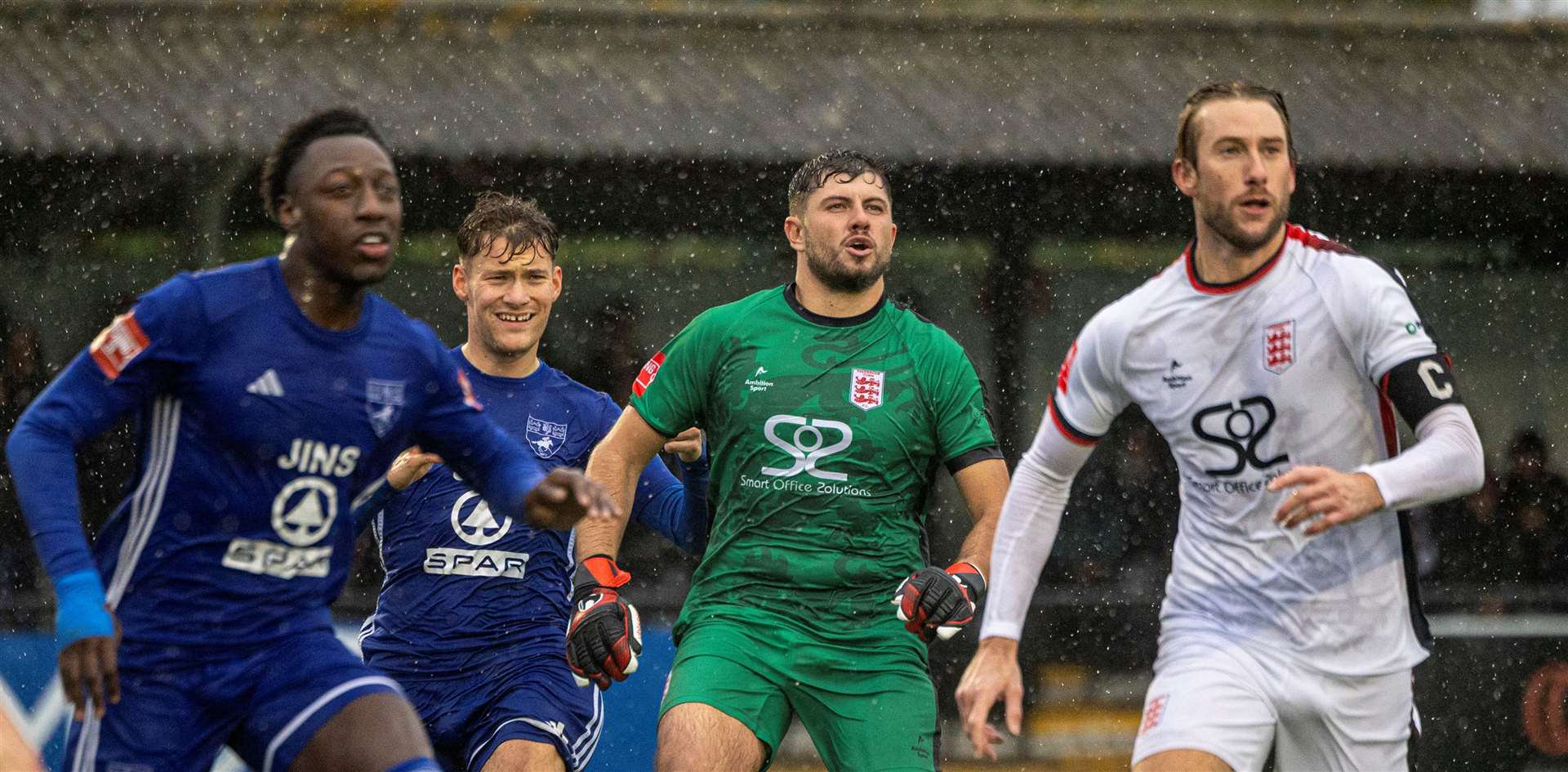 Faversham Town goalkeeper Tom Hadler attacks a last-gasp corner to no avail during a 1-0 home loss to Newmarket Town. Picture: Nathan Munday
