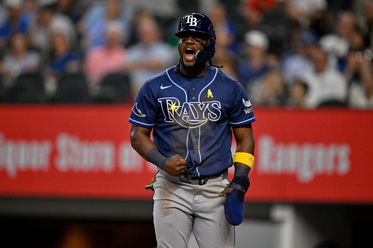 Sep 6, 2026; Arlington, Texas, USA; Tampa Bay Rays shortstop Jorge Mateo (9) celebrates after he scores a run against the Texas Rangers at Globe Life Field. 