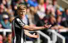 Newcastle United's Lewis Hall in action during the Premier League match between Newcastle United and Sheffield United at St. James Park on April 27...
