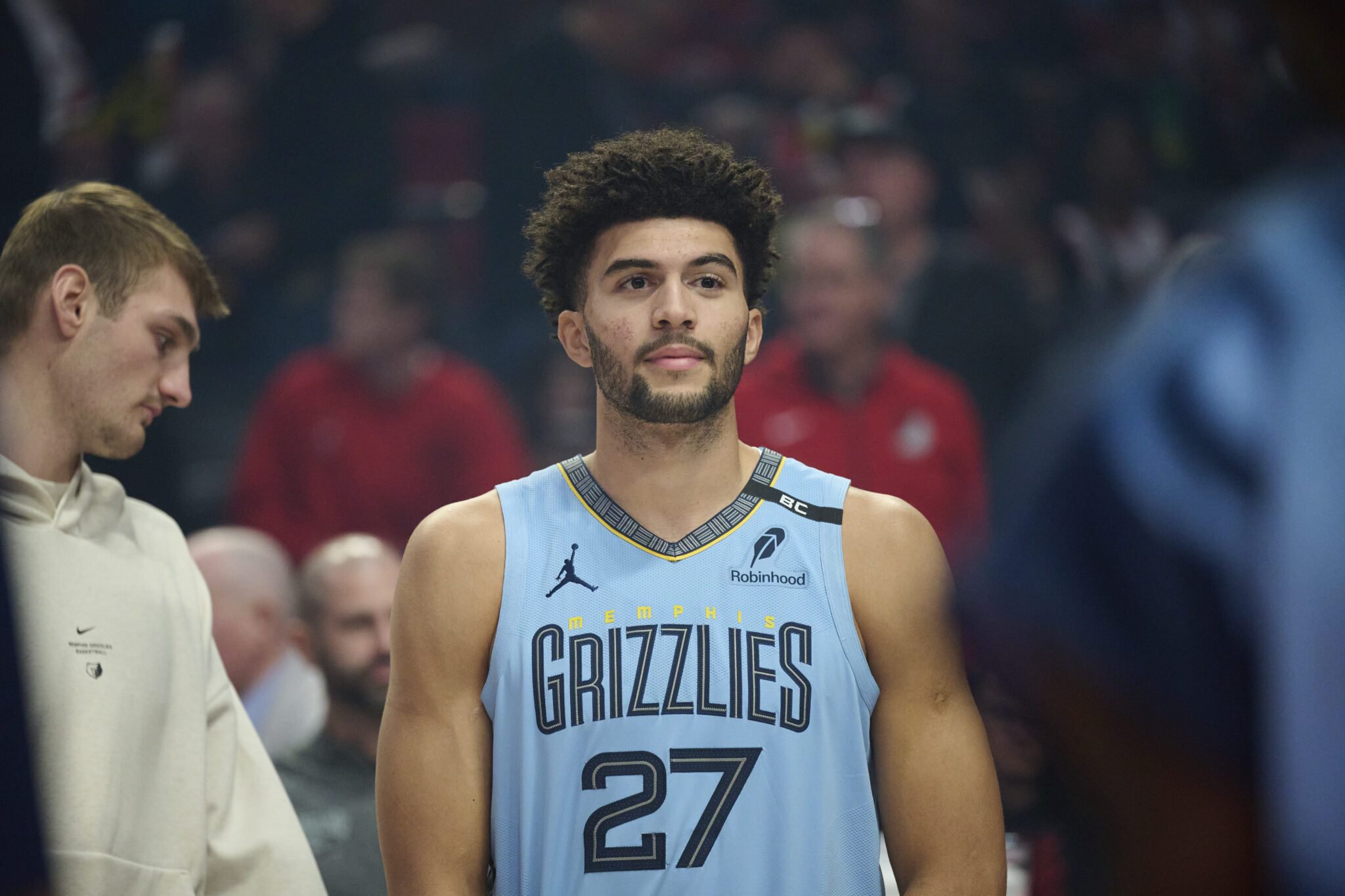 Oct 29, 2026; Portland, Oregon, USA; Memphis Grizzlies forward Cameron Boozer (27) before a game against the Portland Trail Blazers at Moda Center. Mandatory Credit: Troy Wayrynen-Imagn Images