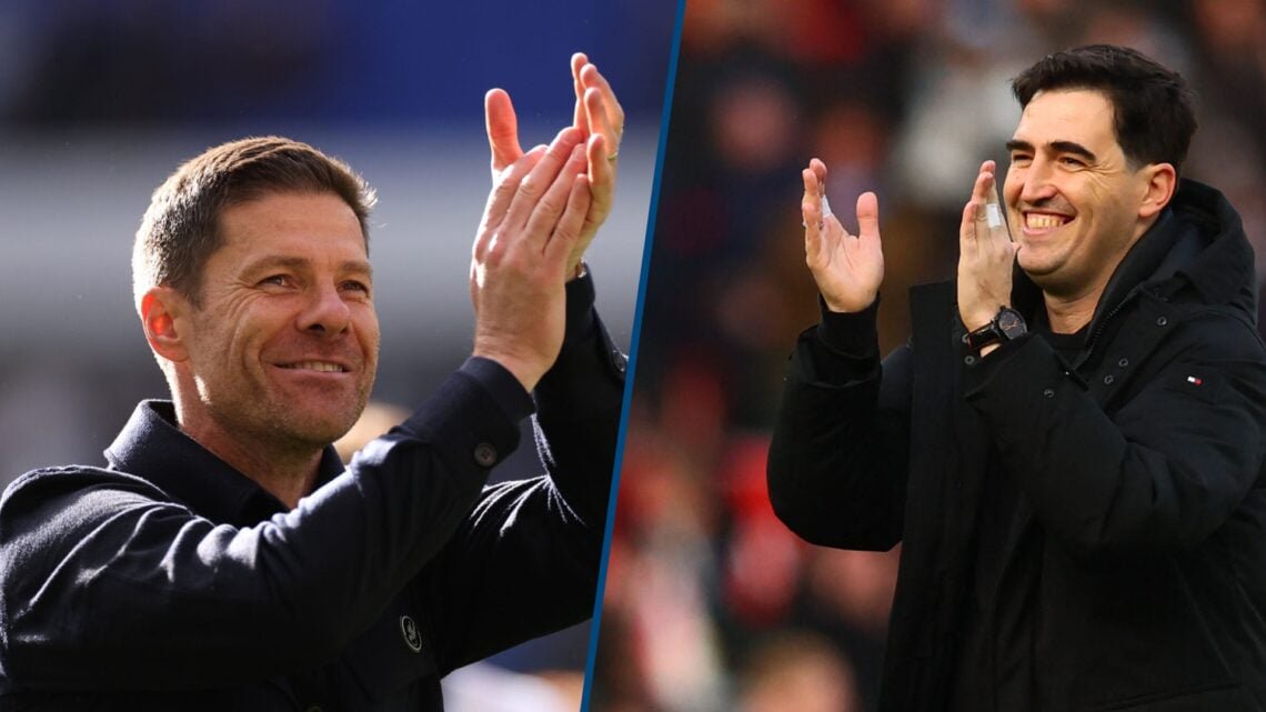 Split image - Xabi Alonso, manager of Chelsea, celebrates and Liverpool's Spanish head coach Andoni Iraola applauds fans