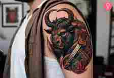 A traditional Minotaur tattoo on the man’s bicep