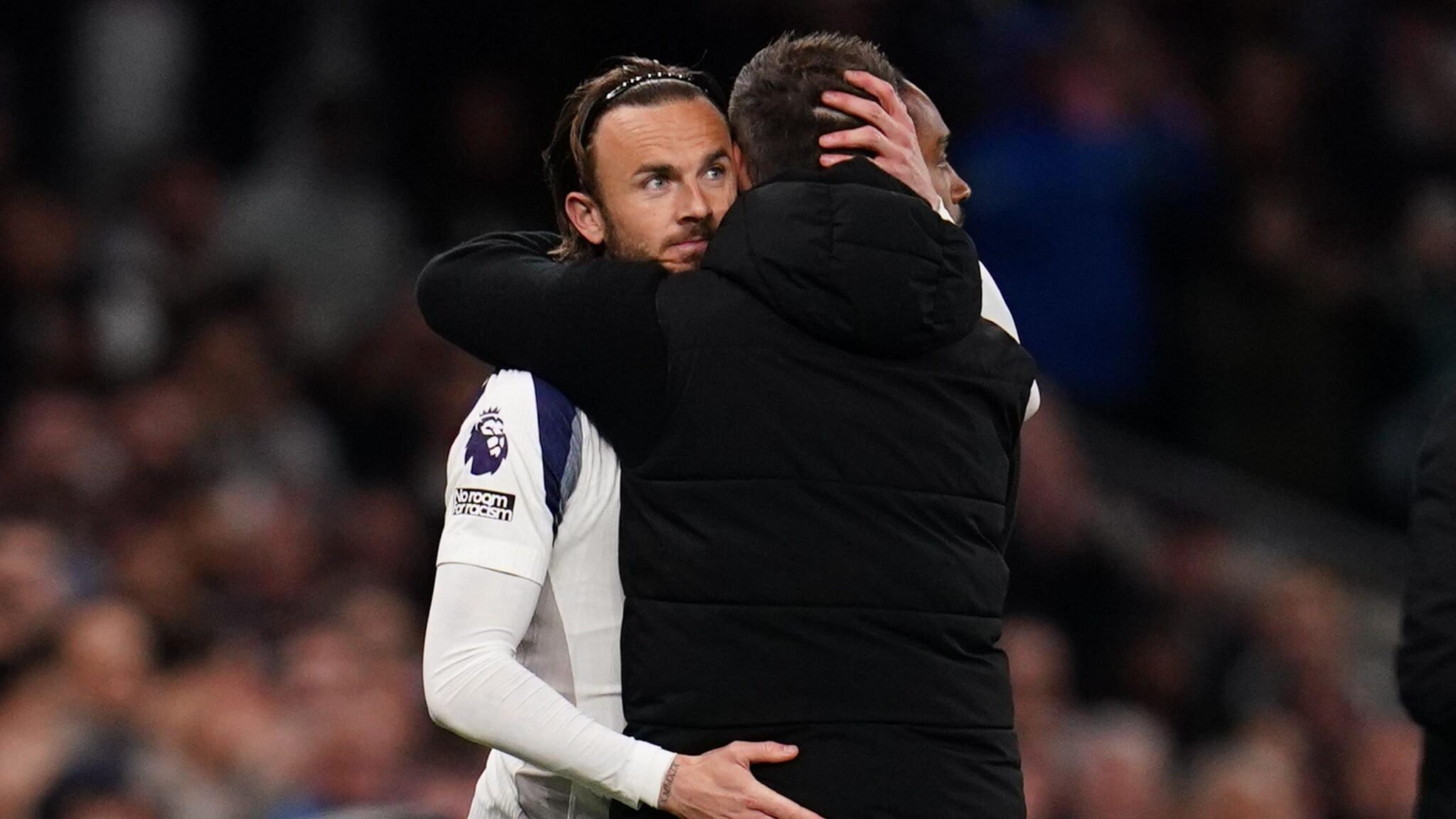 James Maddison hugs Roberto De Zerbi after Coventry City game