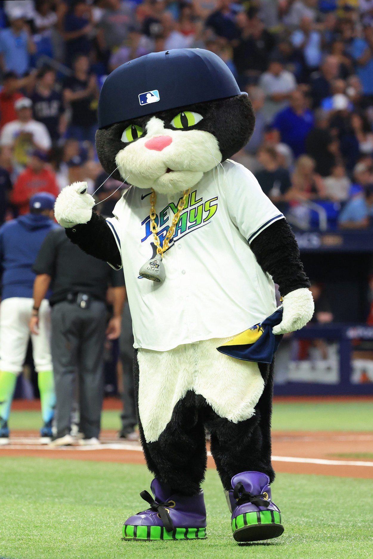 Tampa Bay Rays mascot DJ Kitty performs before Game 2 of the American League Championship Series against the Cleveland Guardians on Oct. 13, 2026, at Tropicana Field in St. Petersburg, Florida.