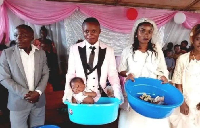 Wife frowns, Husband fakes smiles as Side Chick brings their secret kid as gift during Wedding offertory