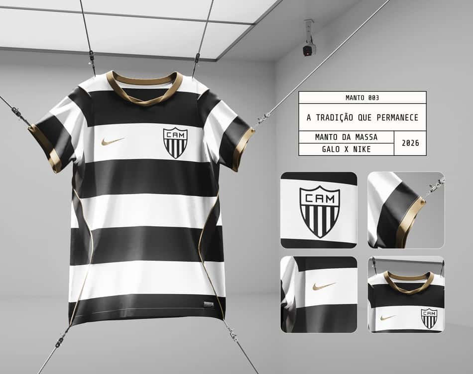 Camisa do Atlético MG (CAM) da Nike, listras pretas e brancas com o emblema CAM.